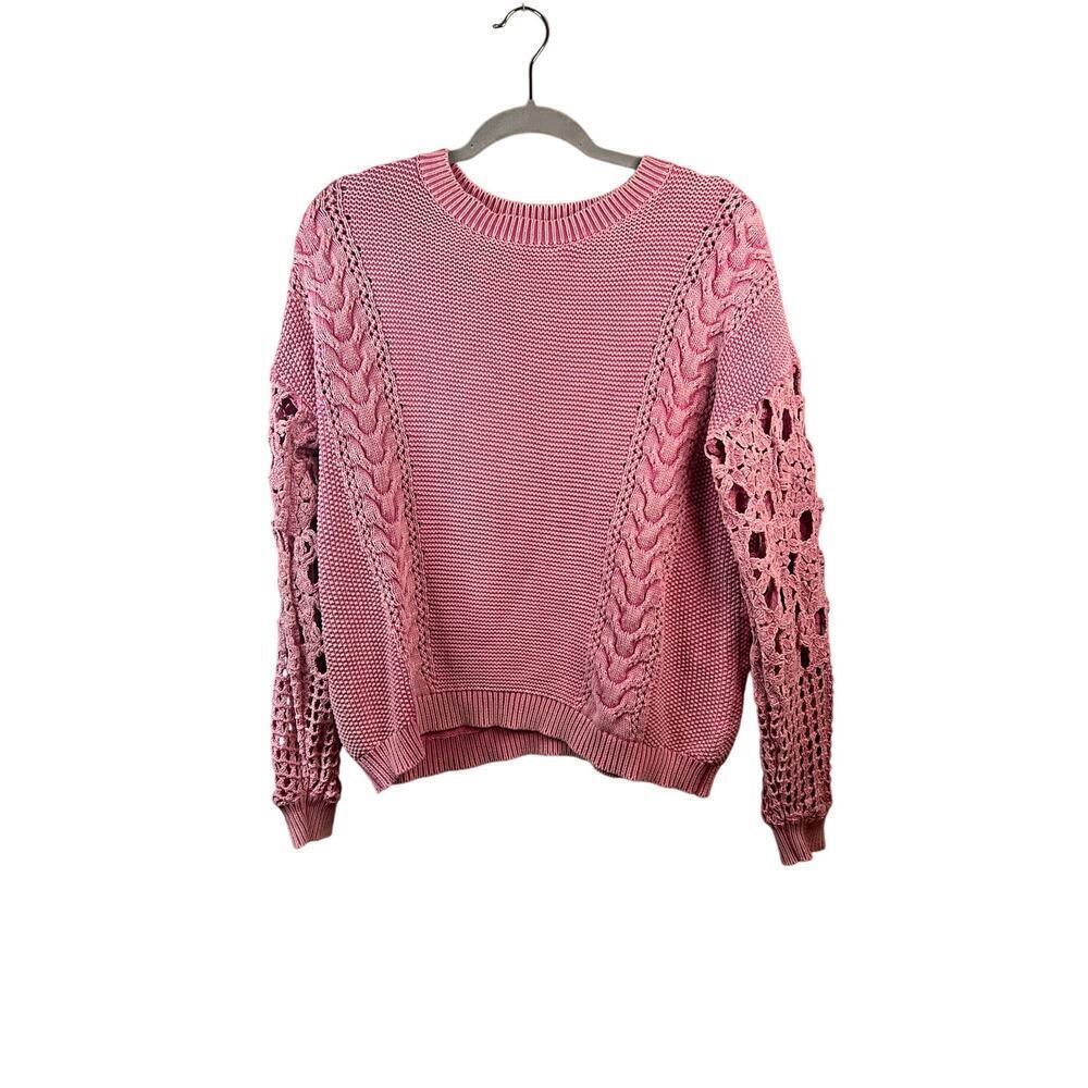 Fate Pink Sweater w/Crochet and Cable Knit Sleeve Size Large